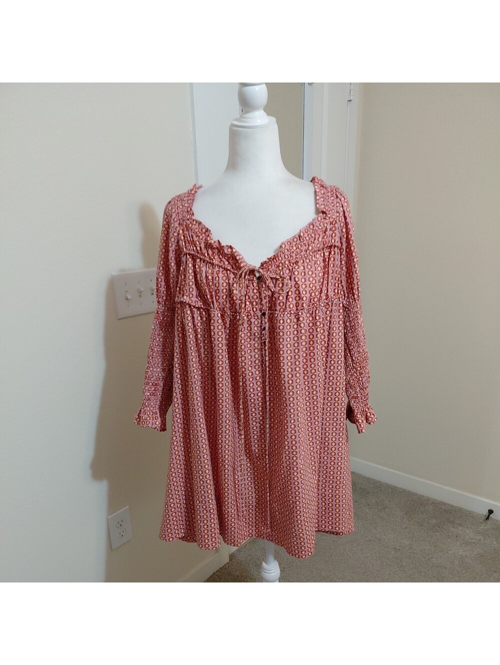 NWT Free People Geometric Babydoll Mini Dress Women’s L Square Neck Ruffle #911